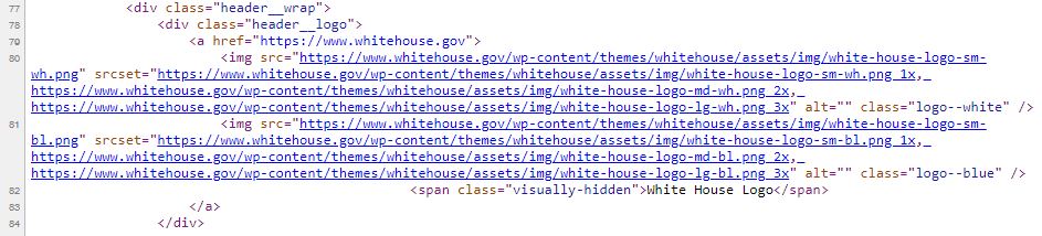Codefragment von Whitehouse.gov, das zeigt, dass WordPress das Content Management dafÃ¼r ist. 