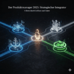 Zentrum: Eine abstrakte menschliche Silhouette oder ein klares PM-Icon im Zentrum der Grafik, das aktiv Verbindungen initiiert. Verbindungen: Drei deutliche, leuchtende Datenpfade oder Linien strahlen vom Zentrum aus. Pfad 1 (KI): Leitet zu einem Feld voller komplexer Algorithmen/Code (Automatisierung). Pfad 2 (Regulierung): Leitet zu einem Fundament/Anker, das durch Gesetze und Compliance-Symbole gesichert ist. Pfad 3 (Nachhaltigkeit): Leitet zu einer stilisierte Darstellung von Ressourceneffizienz (z. B. ein Kreislauf-Diagramm oder ein sparsames Energiemuster).