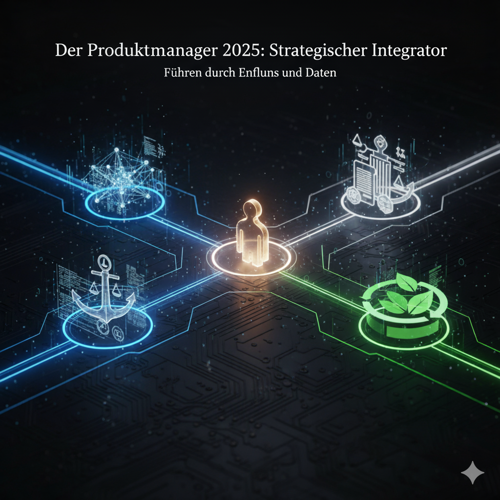Zentrum: Eine abstrakte menschliche Silhouette oder ein klares PM-Icon im Zentrum der Grafik, das aktiv Verbindungen initiiert. Verbindungen: Drei deutliche, leuchtende Datenpfade oder Linien strahlen vom Zentrum aus. Pfad 1 (KI): Leitet zu einem Feld voller komplexer Algorithmen/Code (Automatisierung). Pfad 2 (Regulierung): Leitet zu einem Fundament/Anker, das durch Gesetze und Compliance-Symbole gesichert ist. Pfad 3 (Nachhaltigkeit): Leitet zu einer stilisierte Darstellung von Ressourceneffizienz (z. B. ein Kreislauf-Diagramm oder ein sparsames Energiemuster).