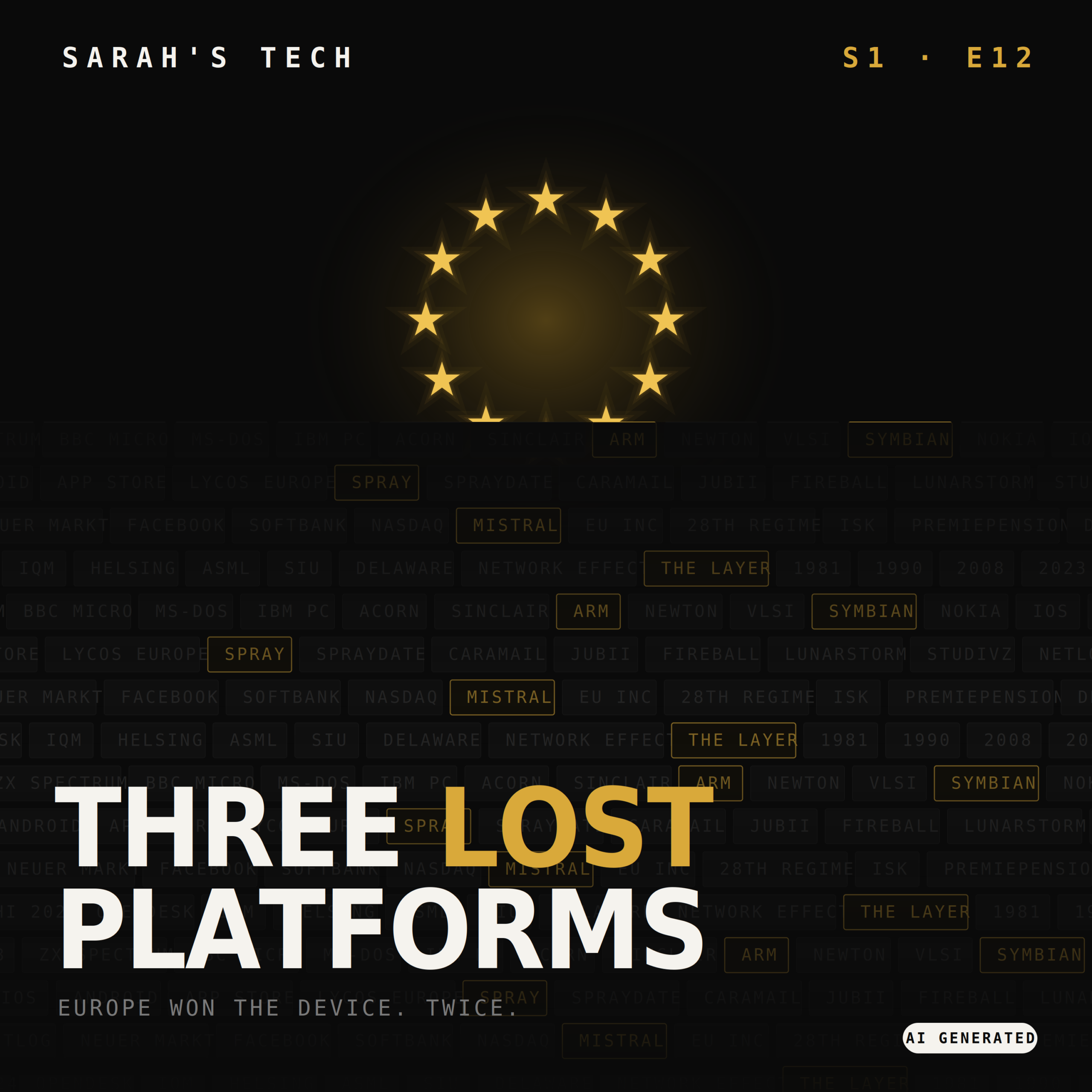 Episodencover „Three Lost Platforms – Europe won the device. Twice.", Sarahs Tech, Staffel 1, Folge 12. Goldener EU-Sternenkranz über einer Wand aus Kacheln mit Technikbegriffen von ZX Spectrum bis Mistral; ARM, SPRAY, SYMBIAN und THE LAYER sind gold hervorgehoben.